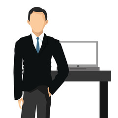 Wall Mural - businessman standing in front of desk with laptop office related items 