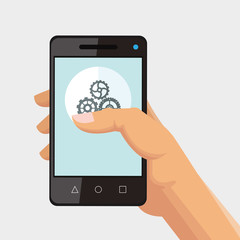 Wall Mural - flat design hand holding cellphone with gears on screen office related items icon vector illustration