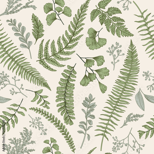 Seamless floral pattern with herbs and leaves.