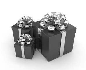 three gift boxes with bows isolated on white. 3d rendering.