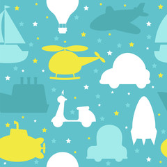 Wall Mural - Cute seamless pattern with silhouette of transport