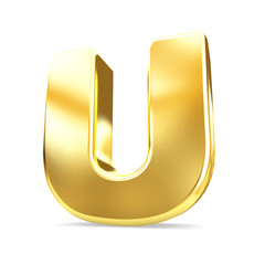 3d gold letter U isolated white background.