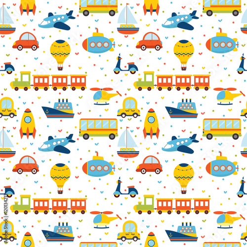 Naklejka na meble Seamless pattern with colorful cartoon transport. Cute backgroun