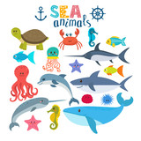 Fototapeta Pokój dzieciecy - Vector set of sea creatures. Cute cartoon animals