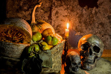 Still Life With Skull, Candle And Pumpkin