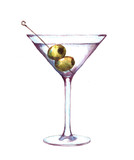 Fototapeta Dziecięca - Hand-drawn watercolor illustration of the martini in the glass with green olives. Isolated alcohol drawing on the white background
