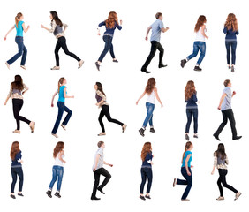 Wall Mural - collection back view of running people . walking people in motion set. backside view of person. Rear view people collection. Isolated over white background.