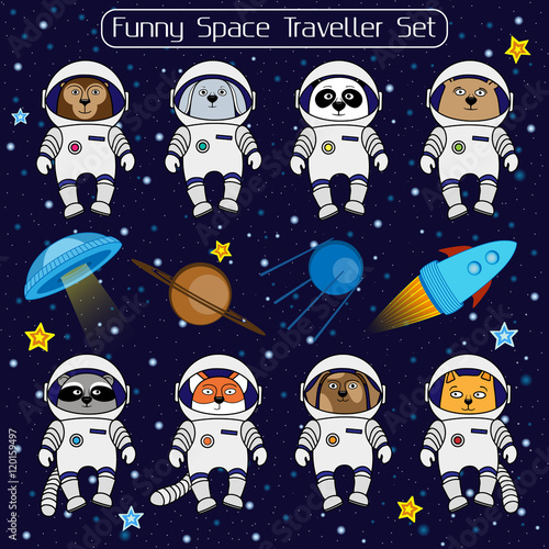 Fotografía Set of cute animal astronauts, rocket satellite UFO stars cosmos