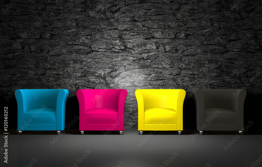 3D CMYK chairs and stone wall - obrazy, fototapety, plakaty 