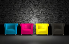 3D CMYK Chairs And Stone Wall