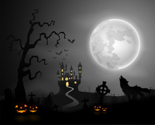 Halloween Night Background With Wolf Howling, Pumpkins, Castle And Full Moon