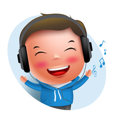 Wall Mural - Young boy vector character listening to music in headset while singing isolated in white background. Vector illustration.
