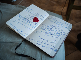 Notebook with text lying open on a sofa with a red plectron lying on a page