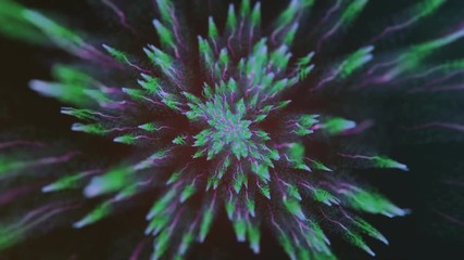 Wall Mural - 3d animation of waving green and violet light trails radiating from the center towards the edges on 