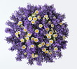 Top view of a bouquet of lavender and camomile flowers on a white background. Colorful summer bouquet of purple lavandula and yellow chamomile flowers. Photo from above.