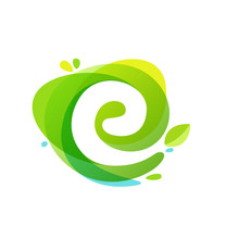 Letter E Logo At Green Watercolor Splash Background.