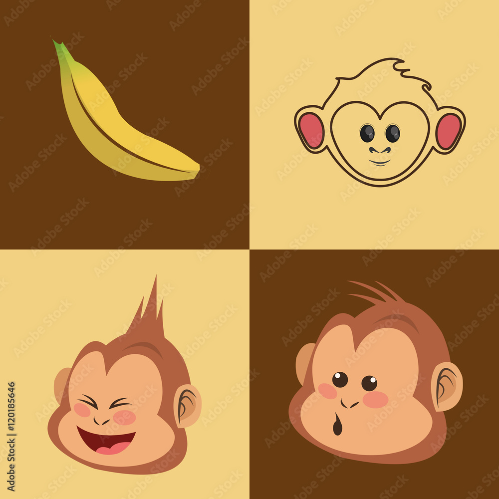 flat design jungle monkey cartoon and banana vector illustration Stock ...