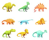 Fototapeta Dinusie - Dinosaurus Retro Cartoon Characters Icons Collection