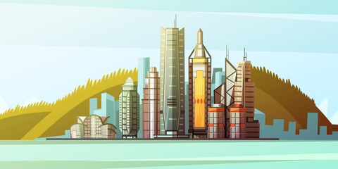 Poster - Cartoon Panorama Of Hong Kong Center