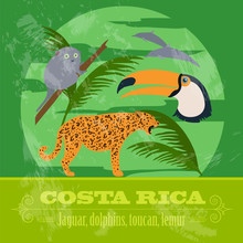 Costa Rica National Symbols. Dolphins, Jaguar, Toucan, Lemur. Re