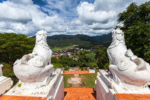 Back View Of White Lion Statue At Wat Phra That Doi Kong Mu With Aerial City View Of Mae Hong Son In The Mist, Thailand