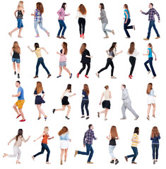 Wall Mural - collection back view of running people . walking people in motion set. backside view of person. Rear view people collection. Isolated over white background.