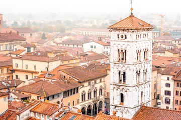 Wall Mural - Aerial cityscape view on the old town of Lucca with San Michele basilicas tower at the foggy weather in Italy