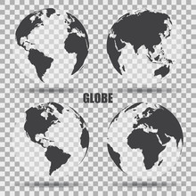 Vector Illustration Of Gray Globe Icons With Different Continents. Transparent Background. Realistic Shadow. Maps Of Different Countries