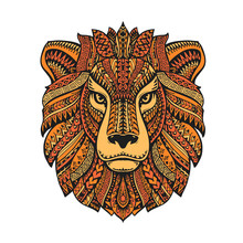 Lion Head Isolated On White Background. Hand Drawn Vector Illustration With Ethnic Patterns