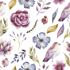 Naklejka na meble Seamless pattern with bird and flowers watercolor. Gentle colors. Female pattern. Handmade.