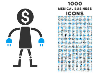 Bank Robot vector bicolor icon with 1000 medical business icons. Set style is flat pictograms, blue and gray colors, white background.