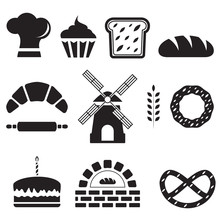 Set Of Bakery And Cake Icons, Pastry Shop Design Elements, Black Isolated On White Background, Vector Illustration.