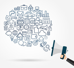 Wall Mural - Business hand holding megaphone with icon on speechbubble
