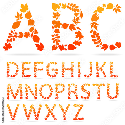 Vector font made from leaves. Autumn alphabet. Vector illustration