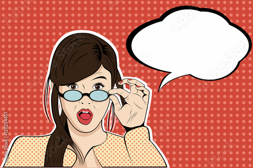 Fotografie, Obraz What surprised shocked woman pop art retro style