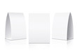 © Brazhyk - Blank Table Tent isolated on white background. Paper vertical cards on white background with reflections. Front, left and right view. Vector illustration.