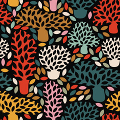 Poster - Vector multicolor seamless dark pattern with hand drawn doodle trees. Abstract autumn nature background. Design for fabric, textile fall prints, wrapping paper.