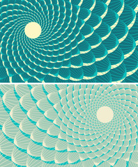 two vintage posters backgrounds with a swirl of snakes scales in blue