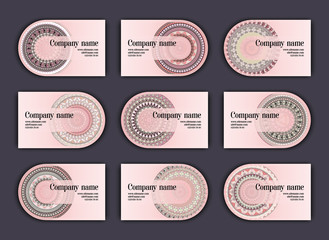 Vintage business visiting cards set. Ornamental mandala, ethnic circle decorative elements .