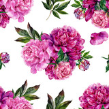 Fototapeta Kwiaty - Hand drawn pink peonies bouquet seamless pattern
