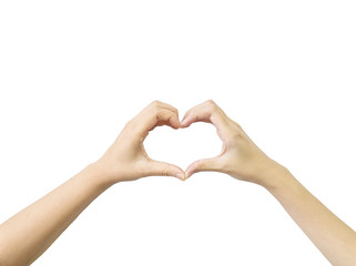 Closeup heart shape by two woman hand isolated on white background with clipping path