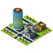 Isometric map. Crossroad and road markings illustration. Office building and police department illustration.