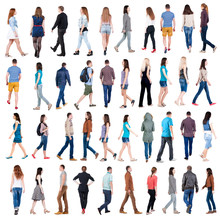 Collection Back View Of Walking People . Going People In Motion Set. Backside View Of Person. Rear View People Collection. Isolated Over White Background.