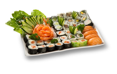 Wall Mural - japanese seafood sushi and sashimi on white plate