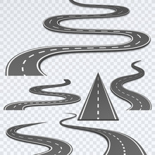 Road With White Stripes On A Plaid Background. Set Curved Routes.