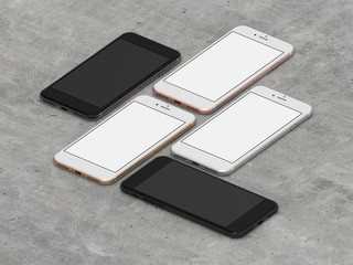 Set of five smartphones gold, rose, silver, black and black polished. Template, mockup.