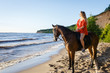 Young beautiful blonde woman ride her horse near the river