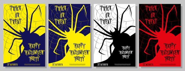 Set of Halloween ticket on holiday party with scary spider, moon and monster bats on gradient background. Letters from bones. Cartoon style. Vector illustration