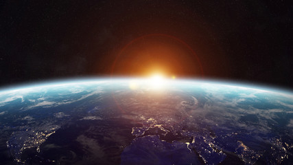 Sunrise over planet Earth in space 3D rendering elements of this