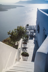 white houses with beautiful street view in Greece, Santorini, Sunny day